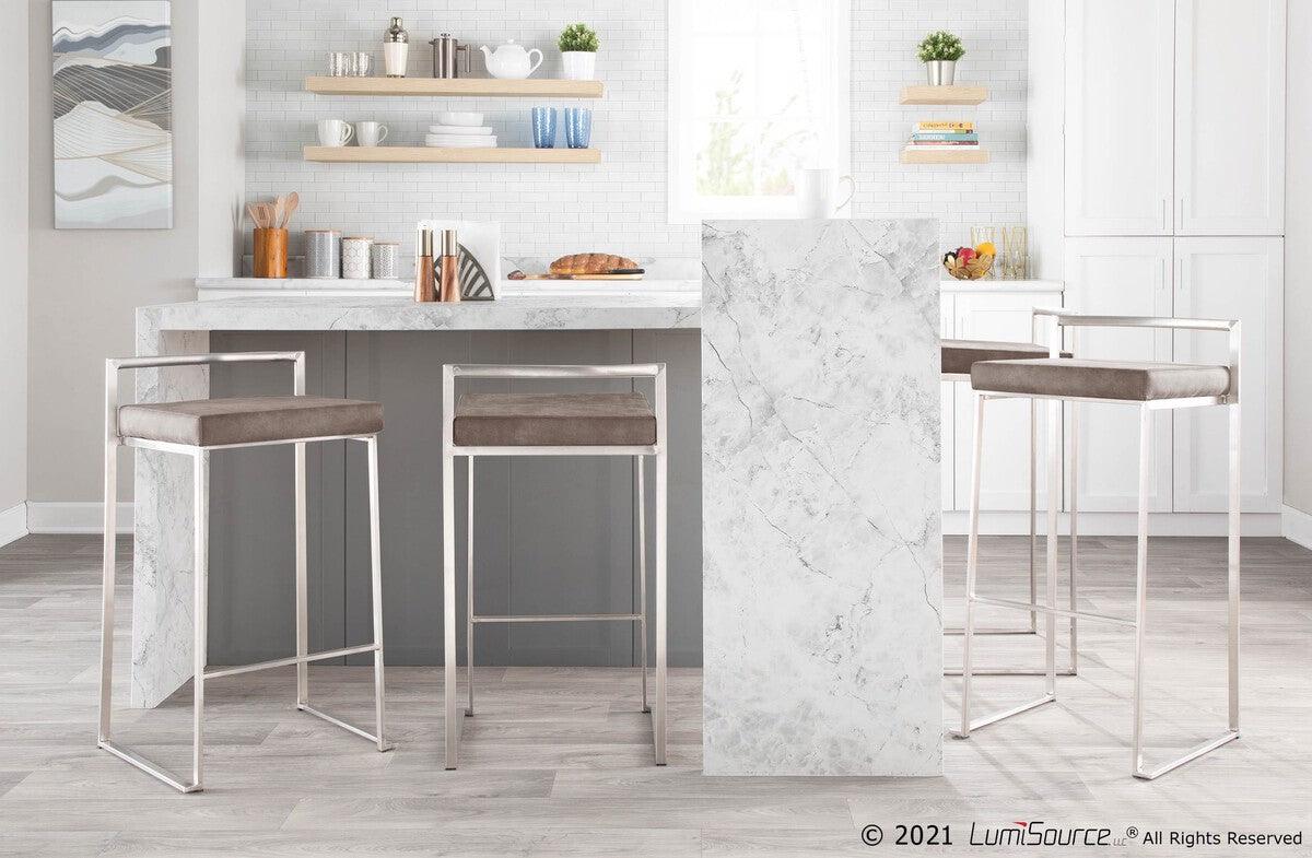 Lumisource Barstools - Fuji Stackable Counter Stool Stone Cowboy Fabric Cushion - Set of 2