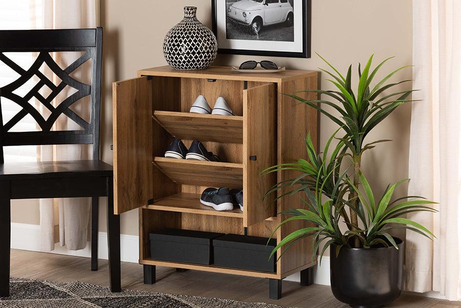 Wholesale Interiors Shoe Storage - Rossin Oak Brown Finished Wood 2-Door Entryway Shoe Storage Cabinet with Bottom Shelf