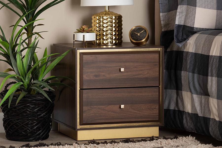 Wholesale Interiors Nightstands & Side Tables - Cormac Mid-Century Modern Transitional Brown Wood and Gold Metal 2-Drawer Nightstand