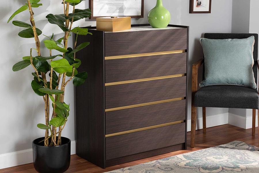 Wholesale Interiors Chest of Drawers - Walker 31.5" Chest Of Drawers Dark Brown & Marble & Gold