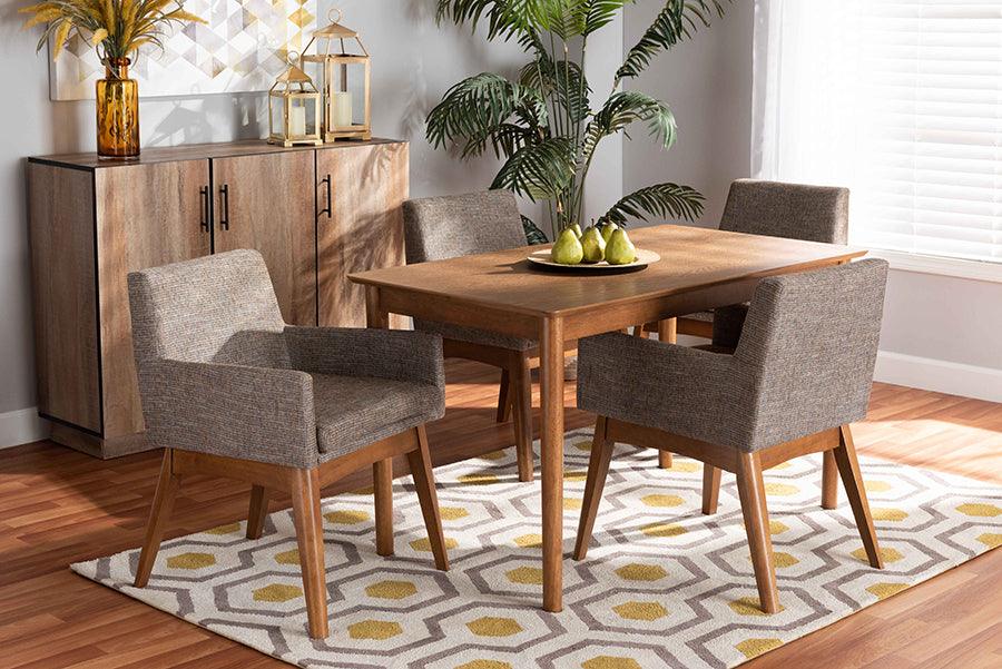 Wholesale Interiors Dining Sets - Dorina Mid-Century Modern Gravel Fabric and Walnut Brown Wood 5-Piece Dining Set