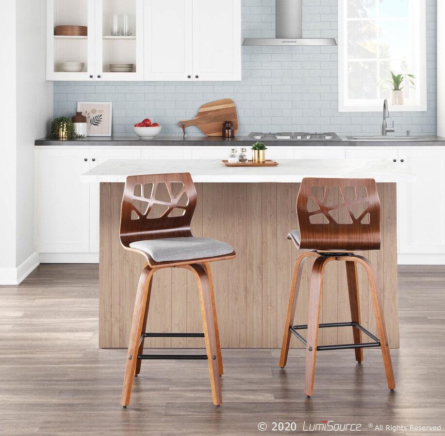 Lumisource Barstools - Folia Mid-Century Modern Counter Stool in Walnut Wood and Light Grey Fabric -set of 2