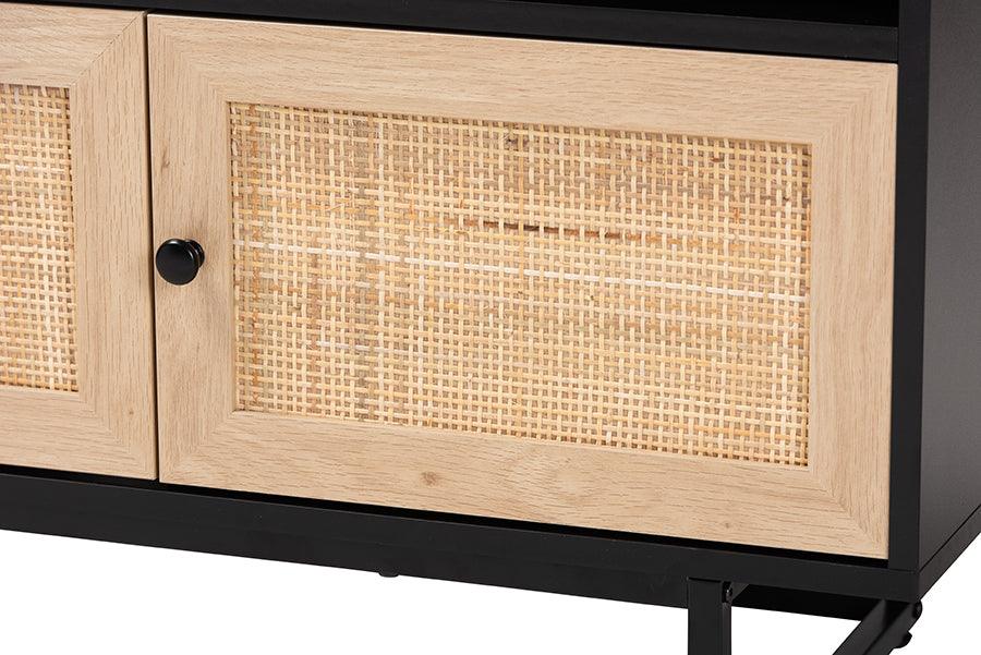 Wholesale Interiors TV & Media Units - Declan Mid-Century Modern Espresso Brown Finished Wood and Natural Rattan 3-Door TV Stand