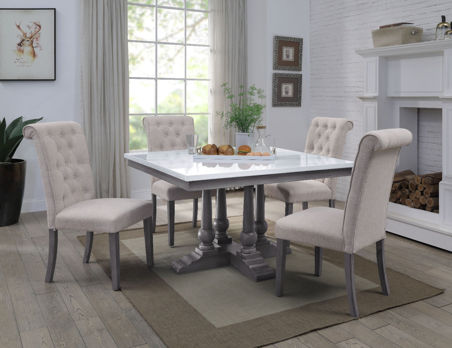 ACME Furniture Dining Tables - ACME Yabeina Square Dining Table , Marble Top & Gray Oak Finish