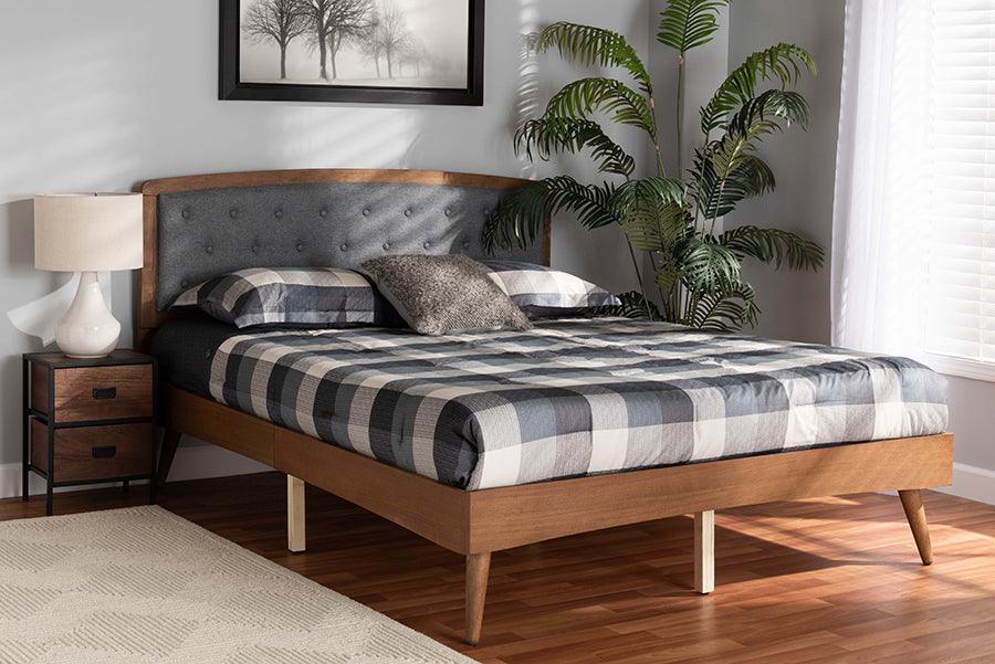 Wholesale Interiors Beds - Ratana Mid-Century Modern Grey Fabric and Brown Wood King Size Platform Bed