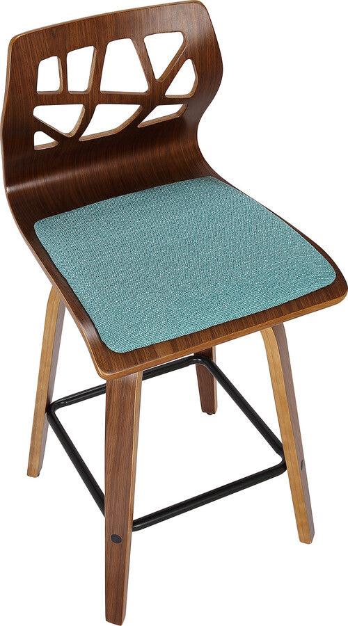 Lumisource Barstools - Folia Mid-Century Modern Counter Stool in Walnut Wood and Teal Fabric - Set of 2