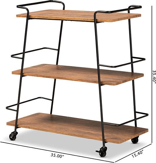 Wholesale Interiors Bar Units & Wine Cabinets - Bernard Rustic Industrial Black Metal and Walnut Finishe Wood 3-Tier Mobile Wine Bar Cart