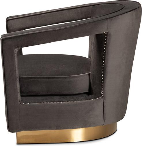 Wholesale Interiors Accent Chairs - Neville Grey Velvet Fabric Upholstered and Gold Finished Metal Armchair