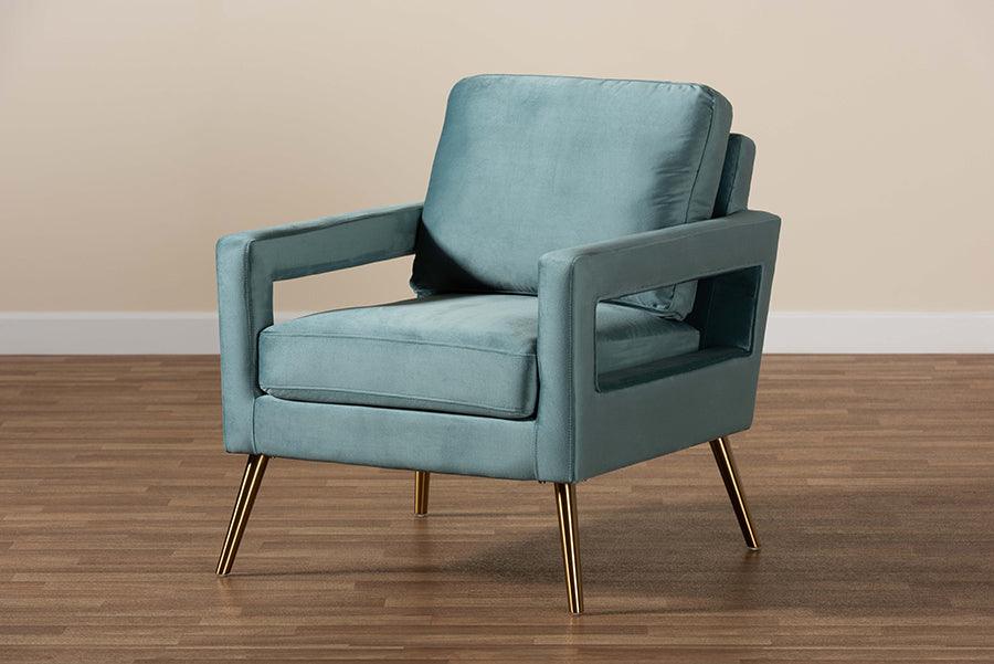 Wholesale Interiors Accent Chairs - Leland Glam and Luxe Light Blue Velvet Fabric Upholstered and Gold Finished Armchair