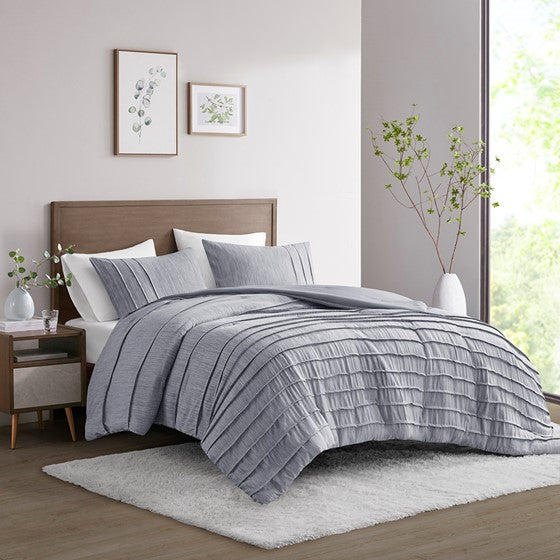 Olliix.com Comforters & Blankets - 3 Piece Striated Cationic Dyed Oversized Comforter Set with Pleats Blue Cal King
