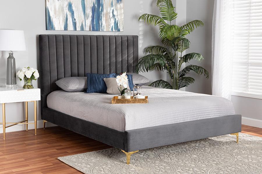 Wholesale Interiors Beds - Serrano Glam and Luxe Grey Velvet Fabric Upholstered and Gold Metal Full Size Platform Bed