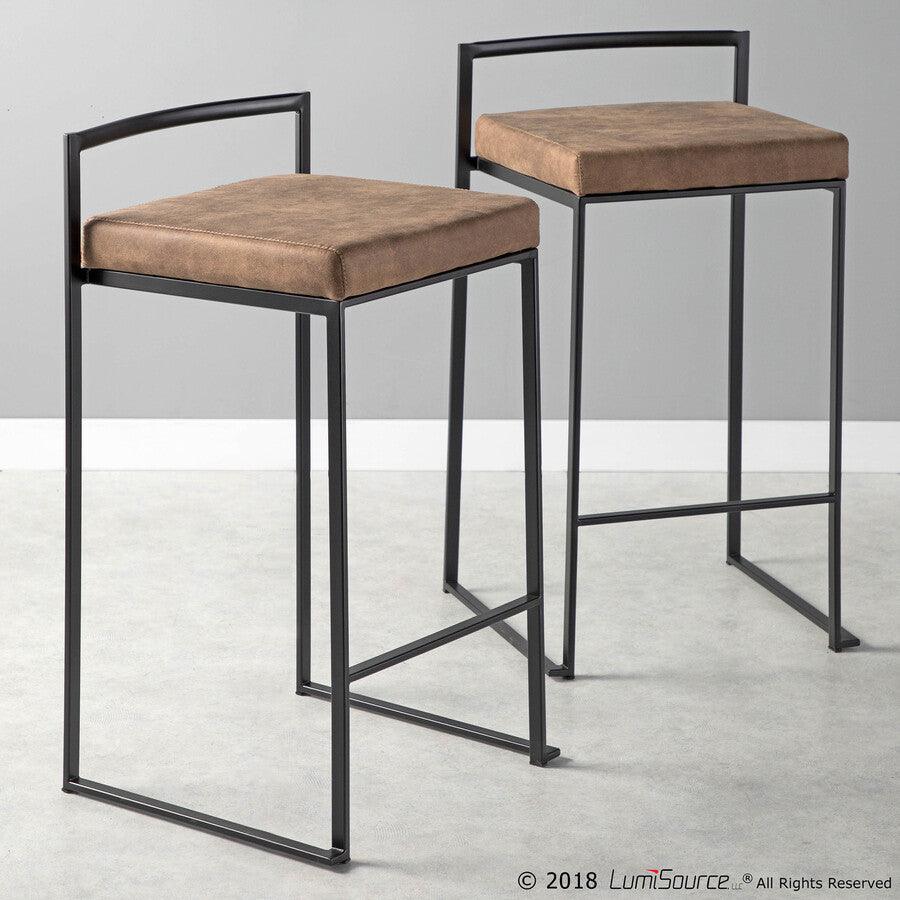 Lumisource Barstools - Fuji Contemporary Stackable Counter Stool in Black with Brown Cowboy Fabric Cushion - Set of 2