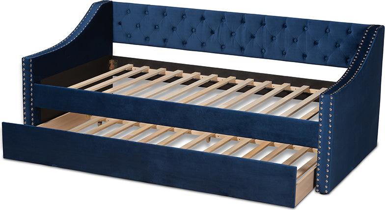 Wholesale Interiors Daybeds - Raphael Navy Blue Velvet Fabric Upholstered Twin Size Daybed with Trundle
