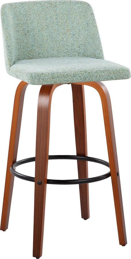 Lumisource Barstools - Toriano 30" Fixed Height Barstool With Swivel In Walnut Wood & Light Green Fabric (Set of 2)