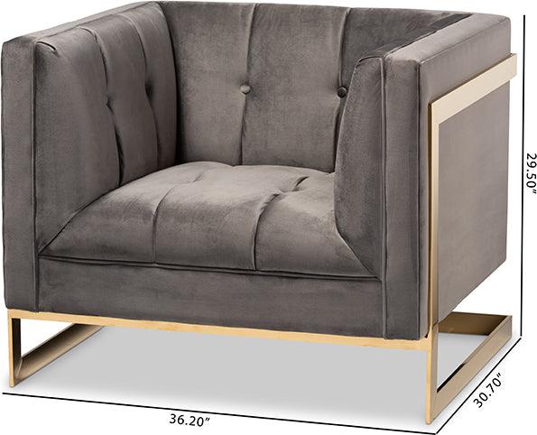 Wholesale Interiors Accent Chairs - Ambra Glam and Luxe Grey Velvet and Button Tufted Armchair with Gold-Tone Frame