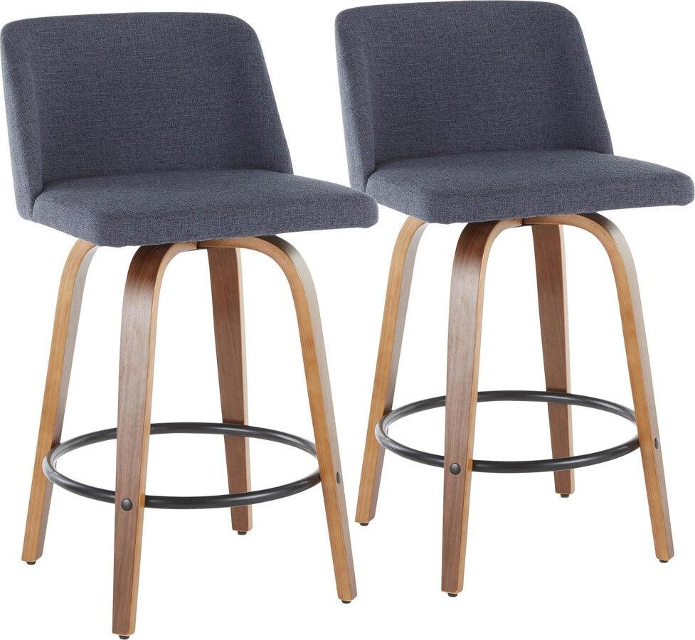 Lumisource Barstools - Toriano Modern Counter Stool in Walnut and Blue Fabric - (Set of 2)