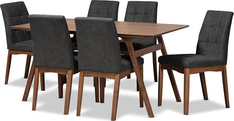 Wholesale Interiors Dining Sets - Tara Mid-Century Modern Dark Grey Fabric and Brown Wood 7-Piece Dining Set