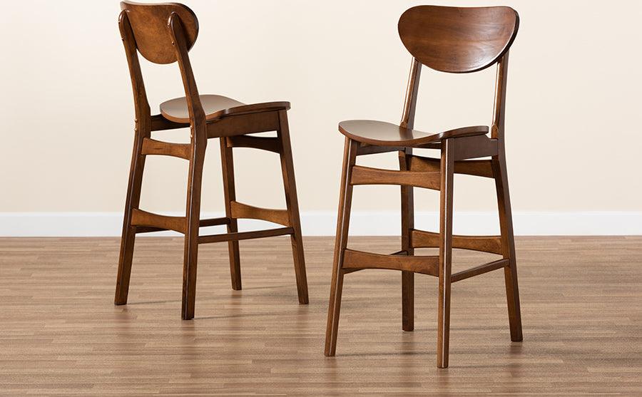 Wholesale Interiors Barstools - Katya Mid-Century Modern Walnut Brown Finished Wood 2-Piece Bar Stool Set