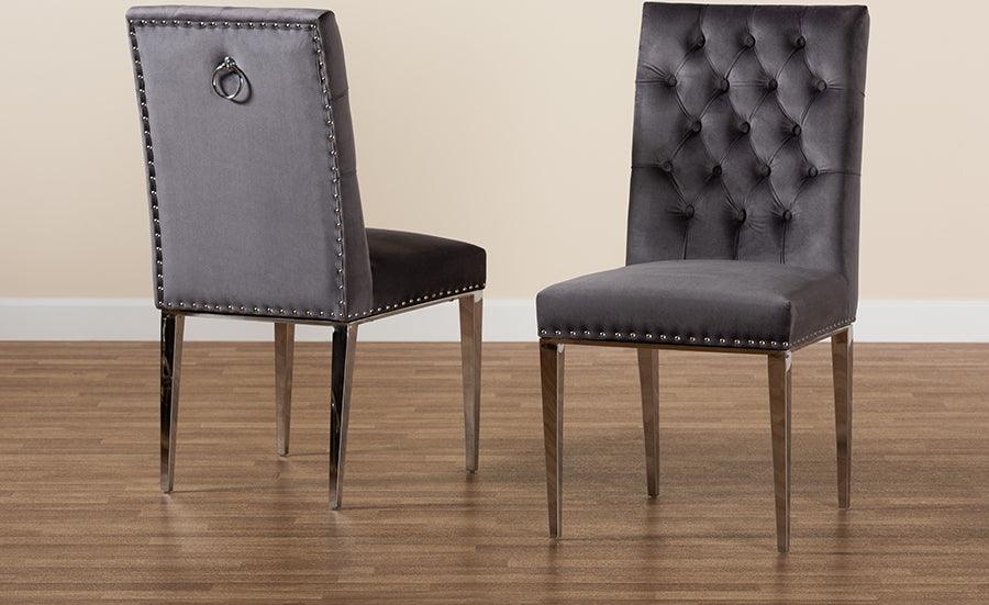 Wholesale Interiors Dining Chairs - Caspera Contemporary Glam and Luxe Grey Velvet Fabric and Silver Metal 2-Piece Dining Chair Set
