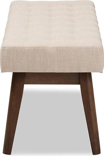 Wholesale Interiors Benches - Elia Mid-Century Modern Walnut Wood Light Beige Fabric Button-Tufted Bench