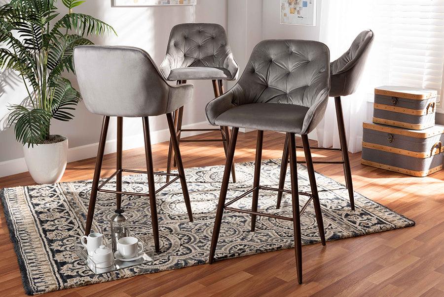 Wholesale Interiors Barstools - Catherine Modern and Grey Velvet Fabric Upholstered and Walnut Finished 4-Piece Bar Stool Set