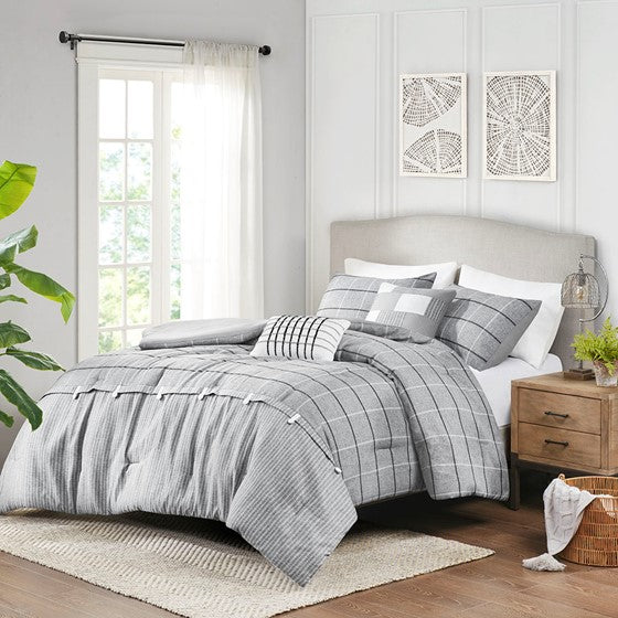 Olliix.com Comforters & Blankets - 5 Piece Faux Linen Jacquard Comforter Set Gray Cal King