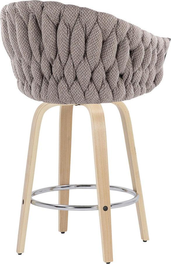 Lumisource Barstools - Braided Matisse Counter Stool With Natural Wood Legs & Round Chrome Footrest With Grey (Set of 2)