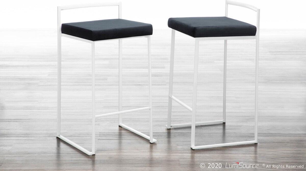 Lumisource Barstools - Fuji Contemporary Stackable Counter Stool in White with Black Velvet Cushion - Set of 2