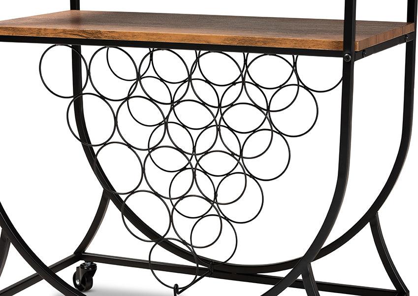 Wholesale Interiors Bar Units & Wine Cabinets - Dania Antique Vintage Industrial Black Metal and Walnut Finished Wood Mobile Wine Bar Cart