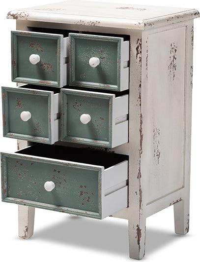 Wholesale Interiors Chest of Drawers - Angeline Antique French Country Cottage Distressed White and Teal Wood 5-Drawer Storage Cabinet