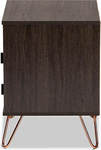 Wholesale Interiors Nightstands & Side Tables - Glover Dark Brown Finished Wood and Rose Gold-Tone Finished Metal 2-Drawer Nightstand