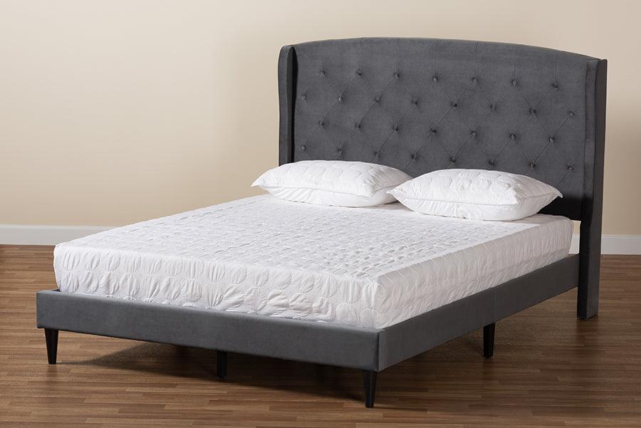 Wholesale Interiors Beds - Joanna Grey Velvet Fabric Upholstered and Dark Brown Finished Wood Queen Size Platform Bed