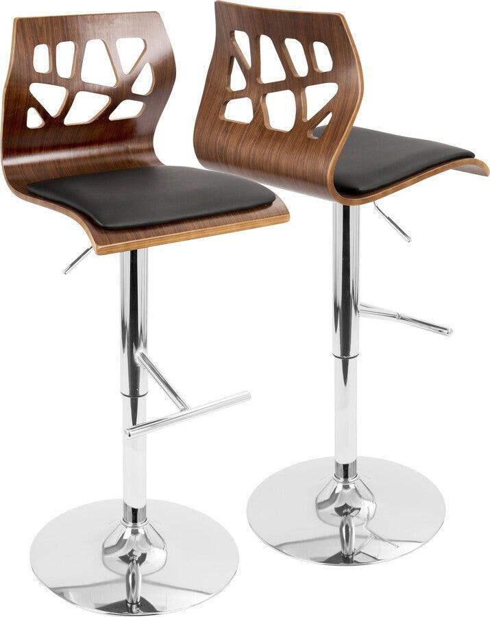 Lumisource Barstools - Folia Adjustable Barstool With Swivel In Chrome, Walnut Wood & Black Faux Leather (Set of 2)