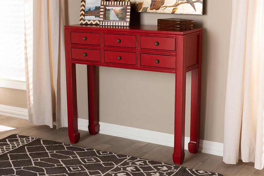 Wholesale Interiors Consoles - Pomme Antique Red Finished Wood Bronze Finished Accents 6-Drawer Console Table