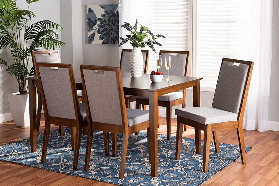 Wholesale Interiors Dining Sets - Rosa Grey Fabric Upholstered and Walnut Brown Finished Wood 7-Piece Dining Set