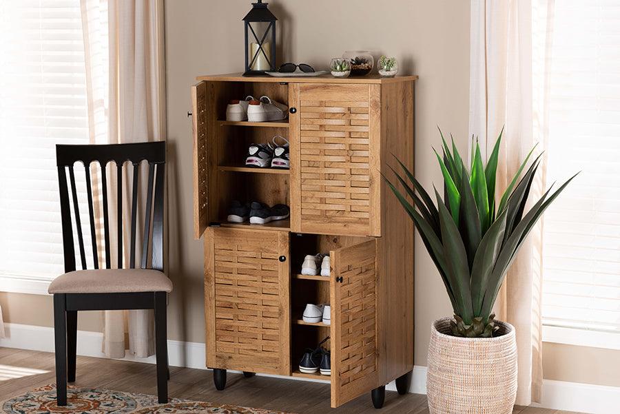 Wholesale Interiors Shoe Storage - Winda Modern and Contemporary Oak Brown Finished Wood 4-Door Shoe Storage Cabinet