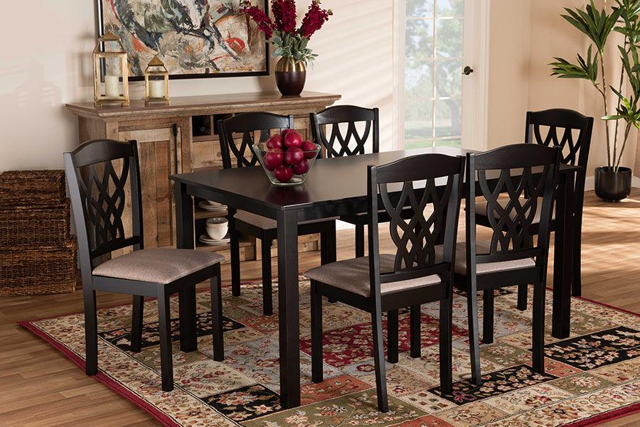 Wholesale Interiors Dining Sets - Salem Sand Fabric Upholstered and Dark Brown Finished Wood 7-Piece Dining Set