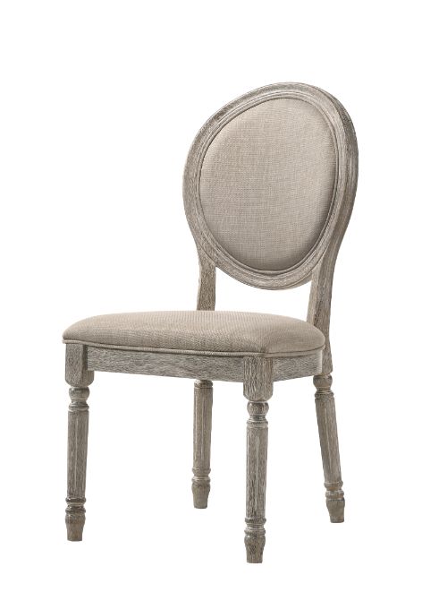 ACME Dining Chairs - ACME Faustine Side Chair, Tan Fabric & Salvaged Light Oak Finish