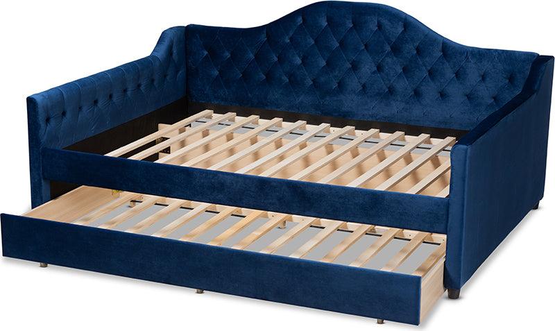 Wholesale Interiors Daybeds - Perry Royal Blue Velvet Fabric Upholstered And Button Tufted Queen Size Daybed With Trundle
