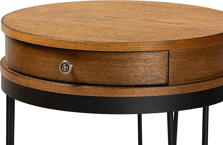 Wholesale Interiors Side & End Tables - Roald Vintage Rustic Walnut Brown Finished Wood and Black Finished 1-Drawer Metal End Table