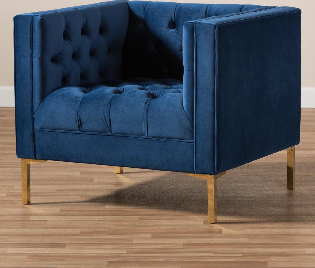 Wholesale Interiors Accent Chairs - Zanetta Luxe and Glamour Navy Velvet Upholstered Gold Finished Lounge Chair