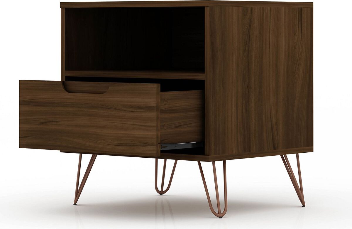 Manhattan Comfort Nightstands & Side Tables - Rockefeller 1.0 Mid-Century- Modern Nightstand with 1-Drawer in Brown