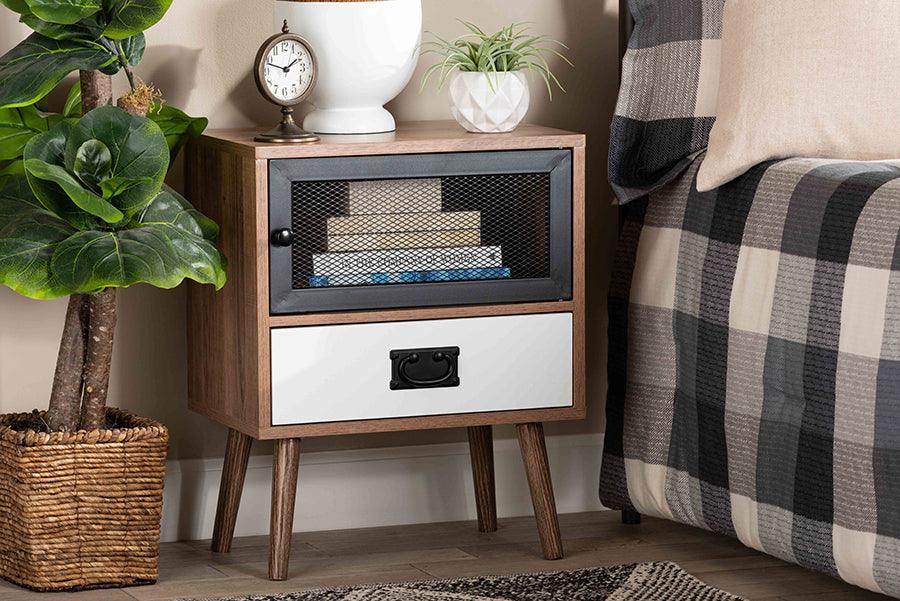 Wholesale Interiors Nightstands & Side Tables - Hubbard Mid-Century Modern Brown and White Wood and Black Metal 1-Drawer Nightstand