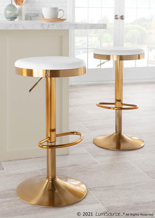 Lumisource Barstools - Dakota Adjustable Barstool in Gold Steel & White Faux Leather - Set of 2