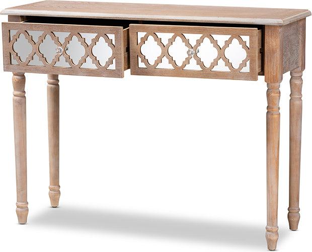 Wholesale Interiors Consoles - Celia Rustic French Country White-Washed Wood and Mirror 2-Drawer Quatrefoil Console Table