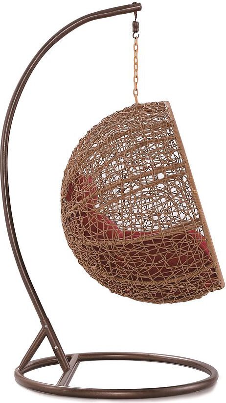 Manhattan Comfort Outdoor Chairs - Zolo Metal and Rattan Hanging Lounge Egg Patio Swing with Red Cushion