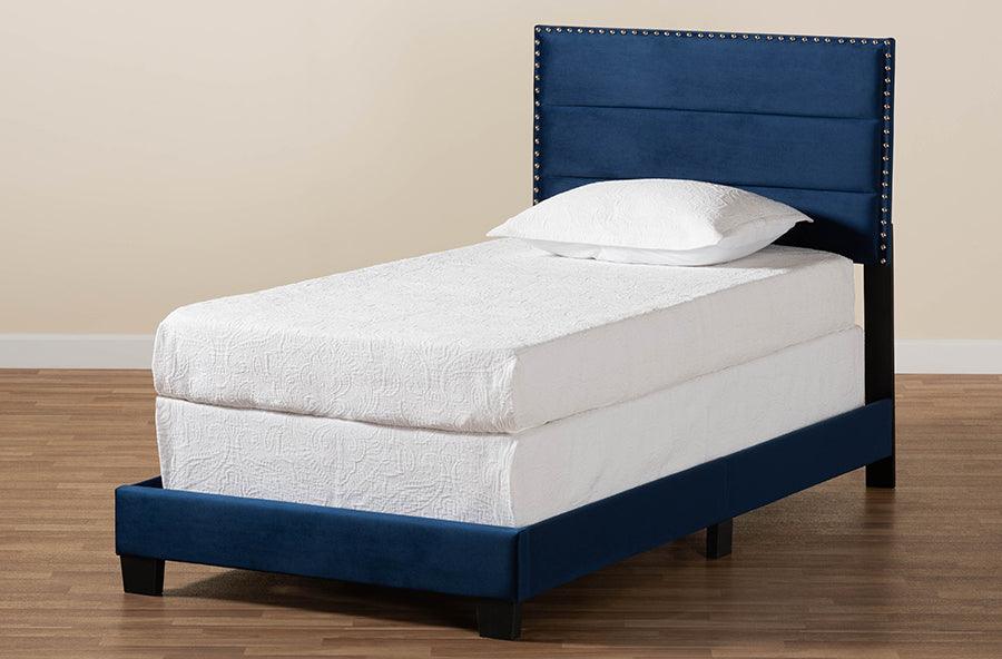 Wholesale Interiors Beds - Tamira Glam Navy Blue Velvet Fabric Upholstered Twin Size Panel Bed