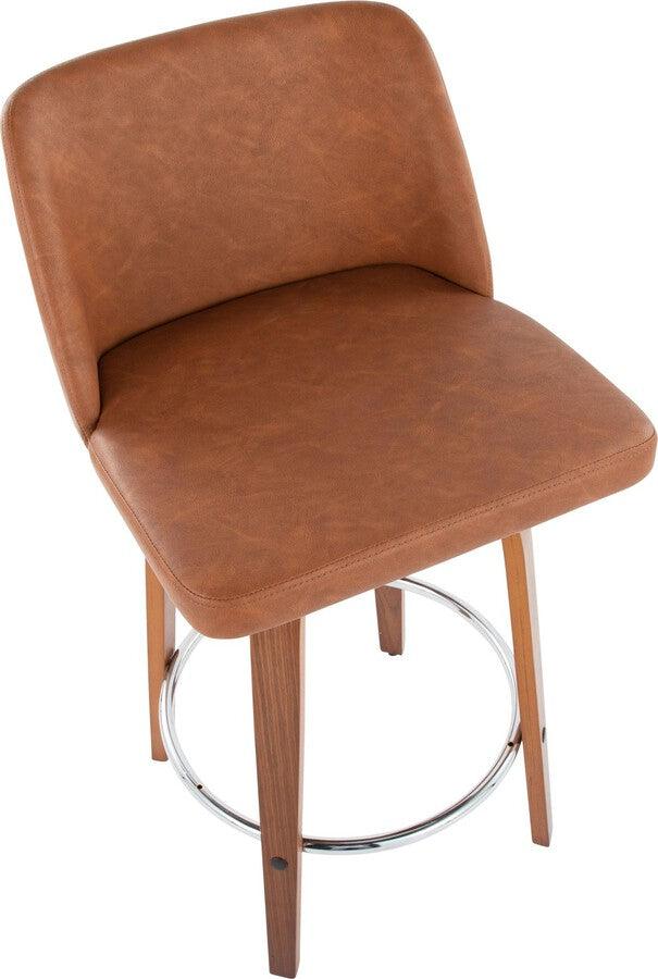 Lumisource Barstools - Toriano 26" Fixed Height Counter Stool With Swivel In Walnut Wood Camel Faux Leather Set 2