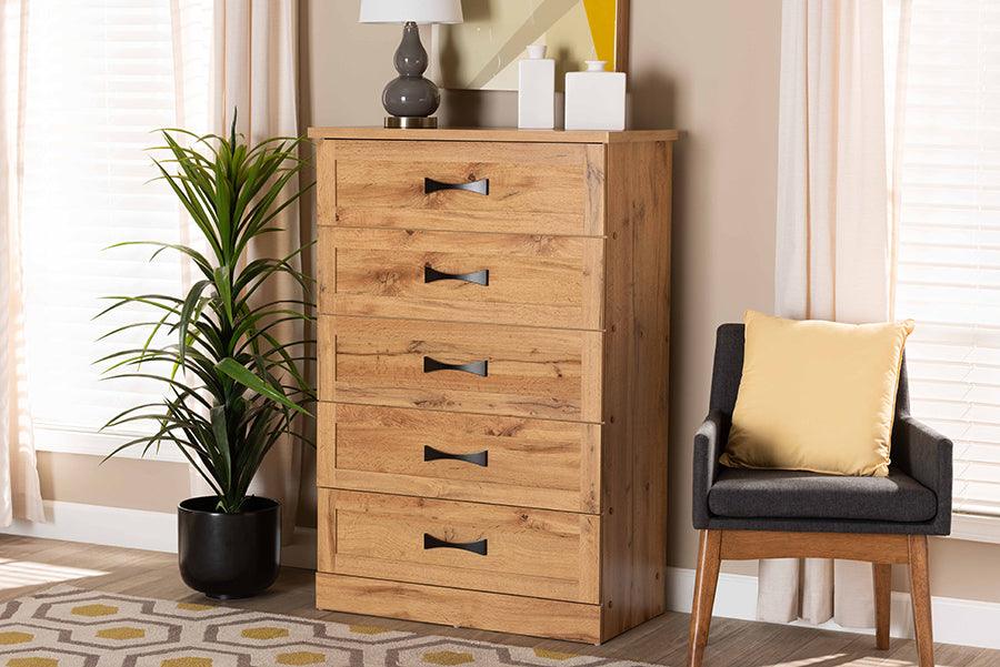 Wholesale Interiors Chest of Drawers - Colburn Oak Brown Finished Wood 5-Drawer Tallboy Storage Chest