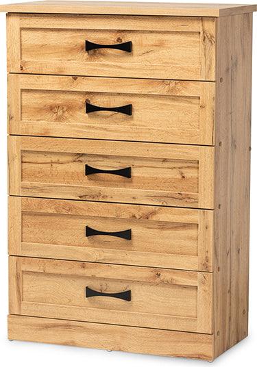 Wholesale Interiors Chest of Drawers - Colburn Oak Brown Finished Wood 5-Drawer Tallboy Storage Chest